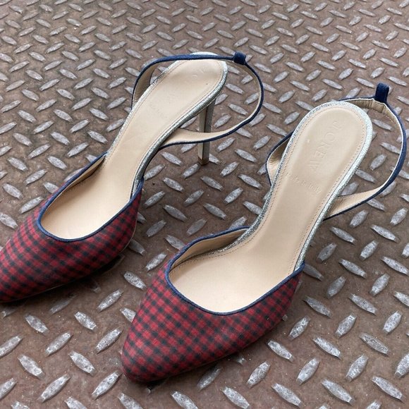 J. Crew Wonen Heel Pump Sandal Shoes Red Plaid Fabric Upper Shoes Size 7 - Picture 2 of 11